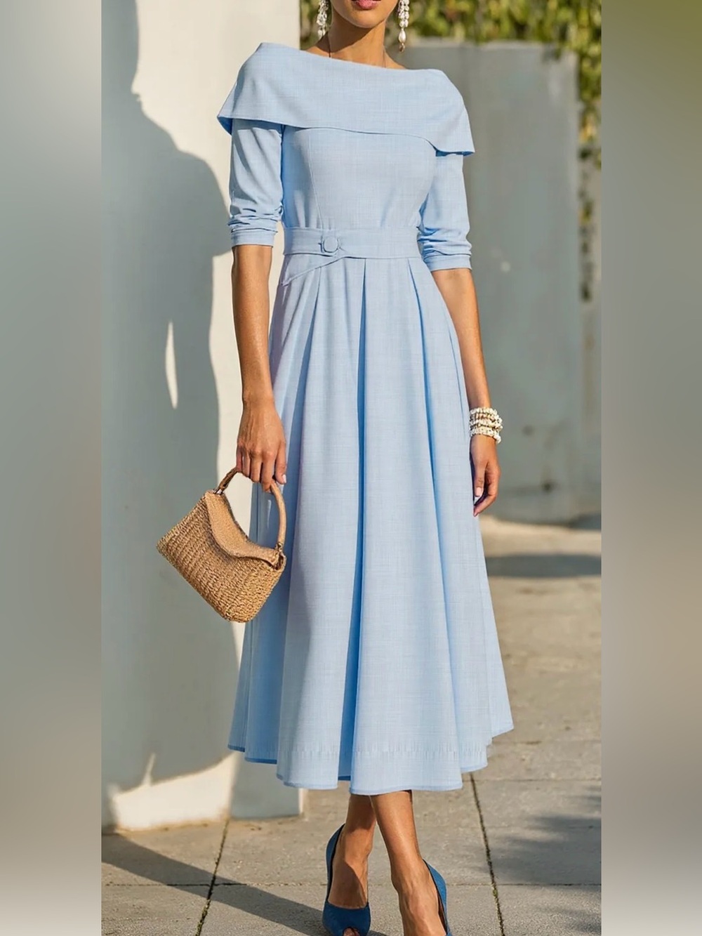 Off-Shoulder Light Blue Midi Dress with Belted Waist #197